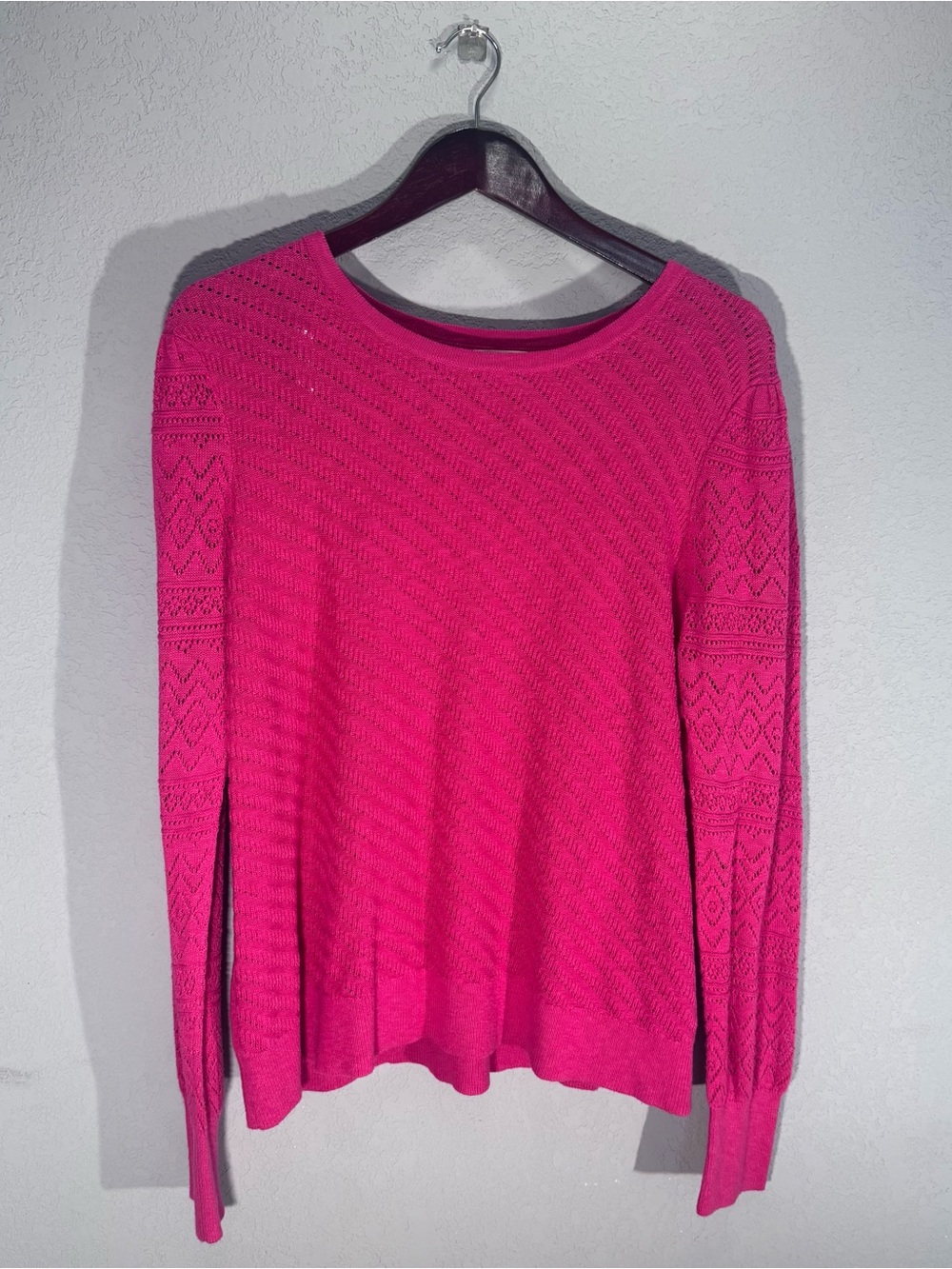 Style & Co XL Hot Pink Pointelle Knit Sweater Lightweight Long Sleeve Pullover